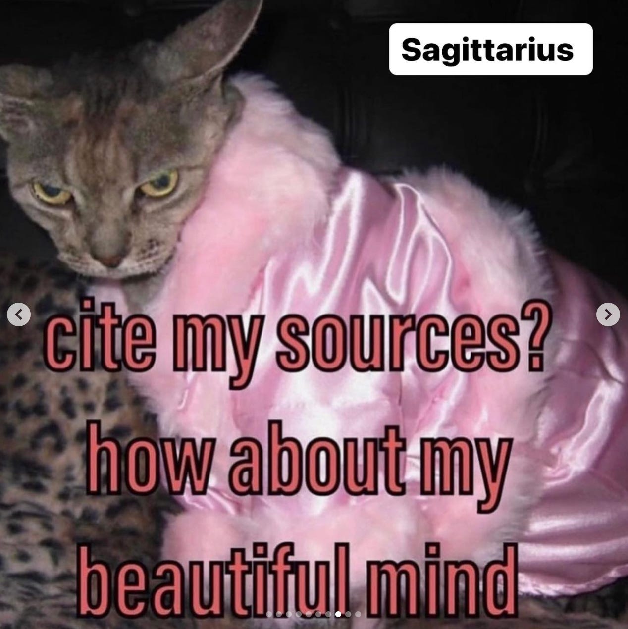 A cat in a pink, fur-lined robe looking angry, underneath the caption "sagitarius" says, "cite my sources? how about my beautiful mind."