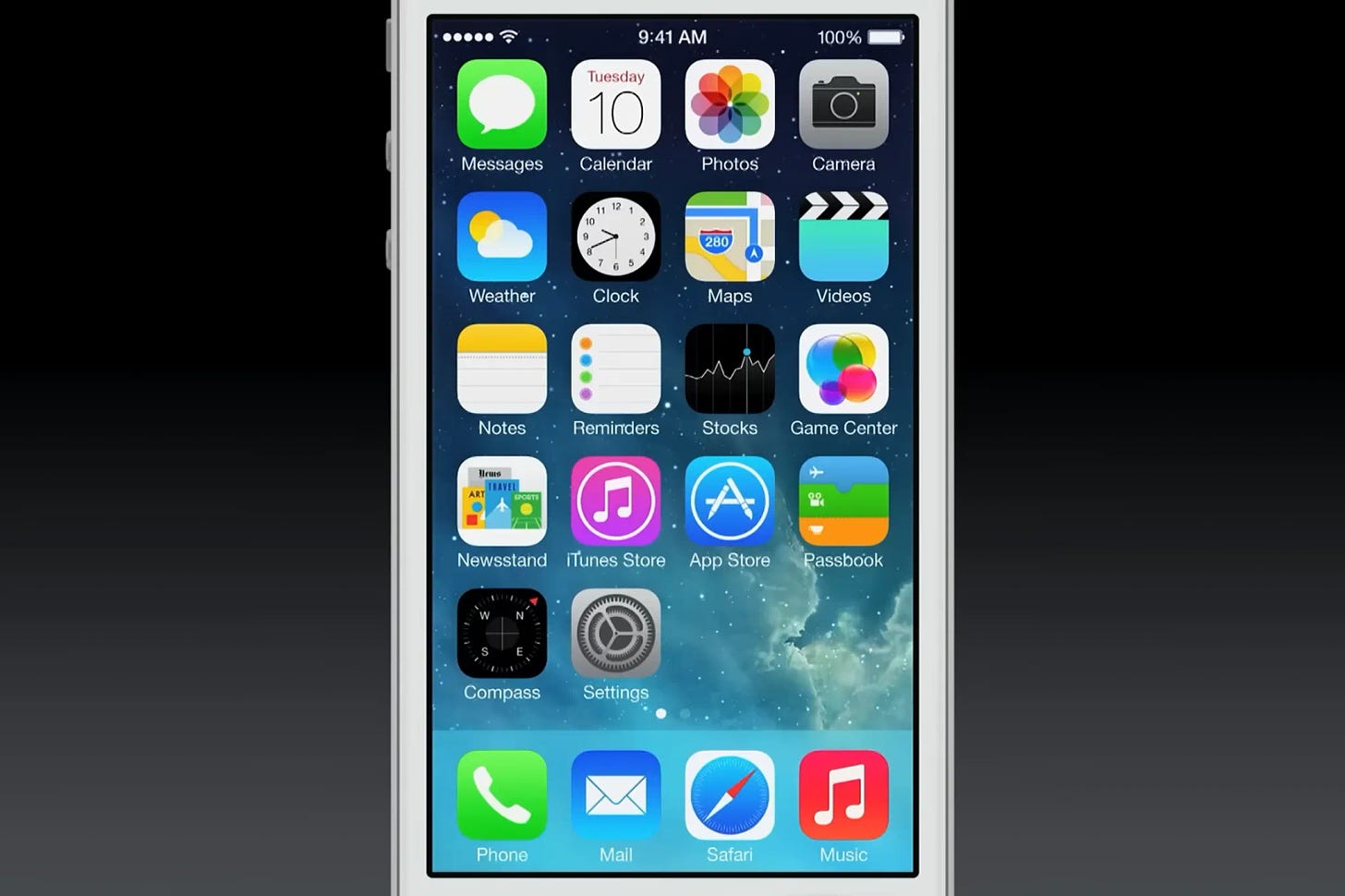 Promotional image of a white iPhone showing the then new release of its homescreen running iOS7 in 2013