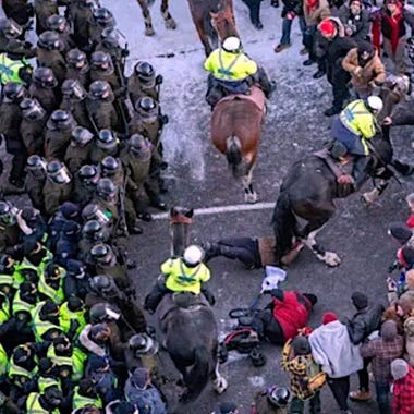 Canadian horse mounted police trampling protesters in Ottawa ...