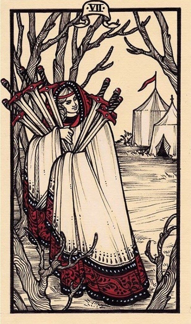 seven of swords | Tarot cards art, Tarot decks, Tarot art