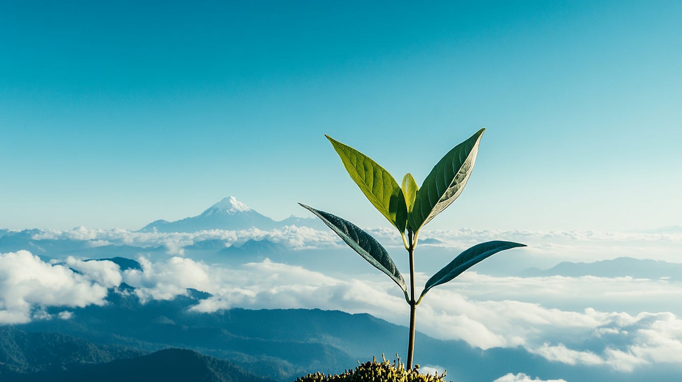 Sprout pushing through the earth. Becoming. Background of a magnificant mountain view.