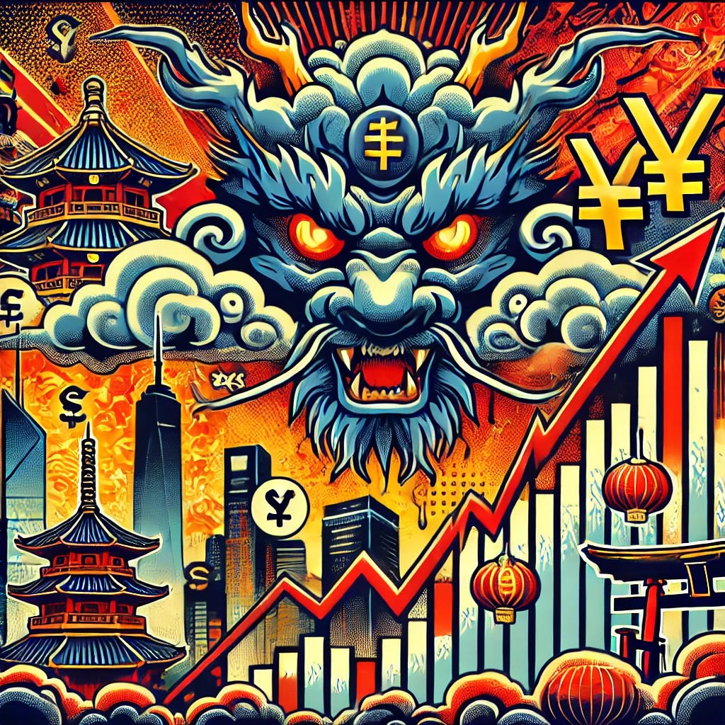 A dramatic pop-art style illustration inspired by Asian markets retreating. The scene includes a menacing cloud-like dragon face at the top, fiery backgrounds, and prominent symbols of Asian currencies such as the yen and yuan. The composition features plunging stock market charts with bold red arrows, iconic Asian landmarks like pagodas and skyscrapers, and a dynamic, chaotic atmosphere of economic turbulence. The color palette includes deep reds, oranges, and yellows, with contrasting blues and golds. The design is bold, visually striking, and retains the energetic elements of the original style. Format: 16:9, 1920x1080 resolution.