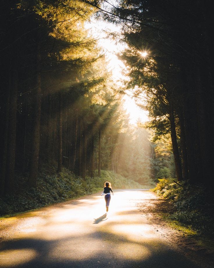 This may contain: a person walking down a road in the middle of a forest with sunbeams