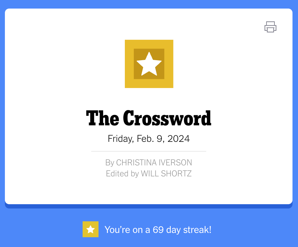 A NYT Crossword badge with "You're on a 69-day streak" at the bottom