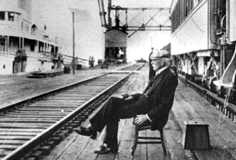 Henry Flagler seated at Knights Key during the construction of the Oversea Railroad.