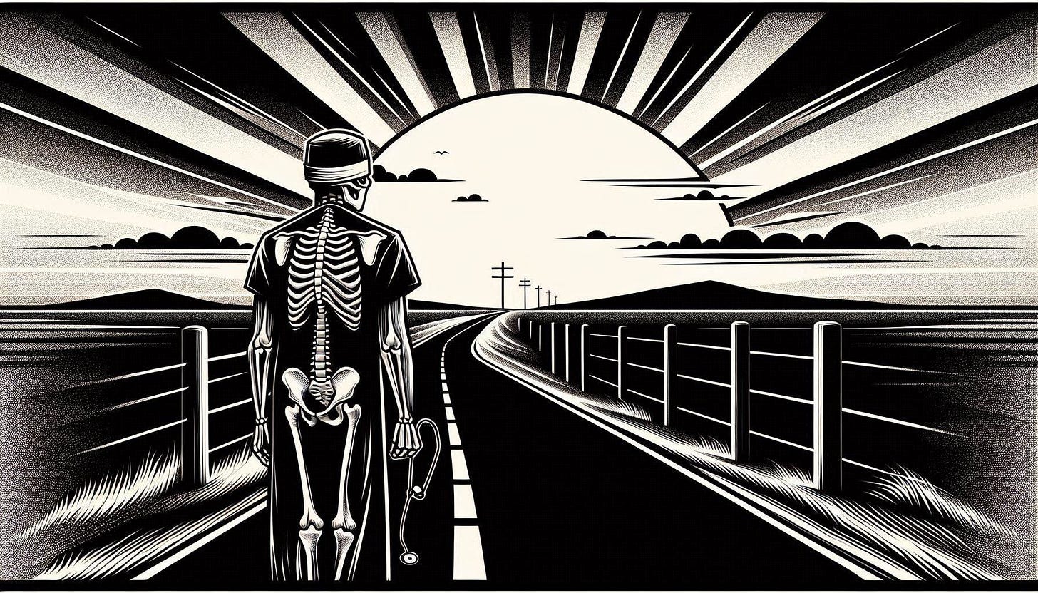 drawing of a skeleton surgeon walking down a road with a sunrise on the horizon in black and white art deco style