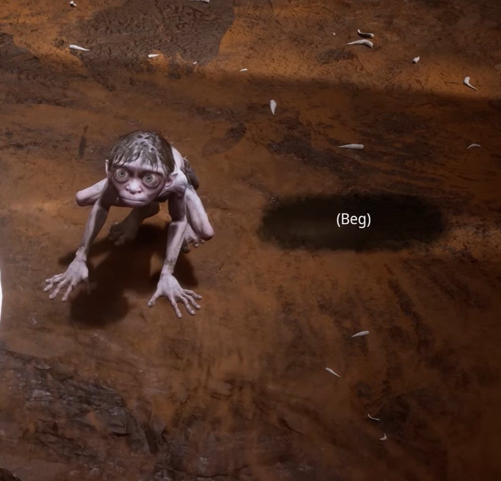 Image from the game of a heinous looking Gollum character with an option to "Beg" next to him
