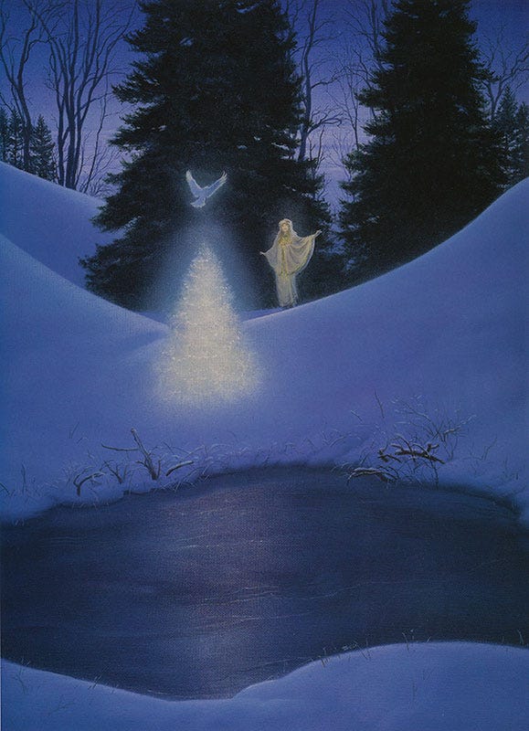 A small evergreen is lit brightly white as a dove flies over it. In the near foreground a small pond is frozen over, reflecting light on its dark surface. Snow sweeps over rolling hills toward the cover of large evergreens. A woman in white robes stands admiring the tree. Her arms are spread with robes draping to mimic wings.