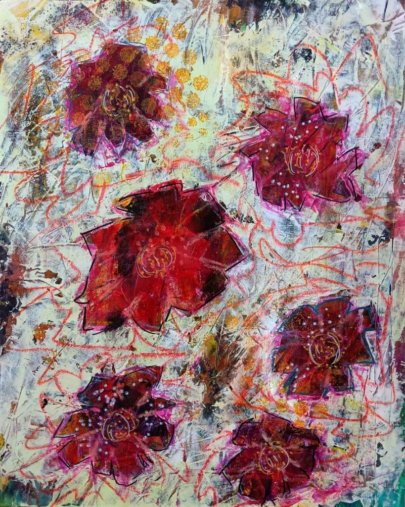 Mixed media abstract flowers orange-red flowers on light green background