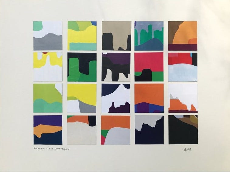 collage of squares with abstract painting arranged in four rows of five squares on off-white background