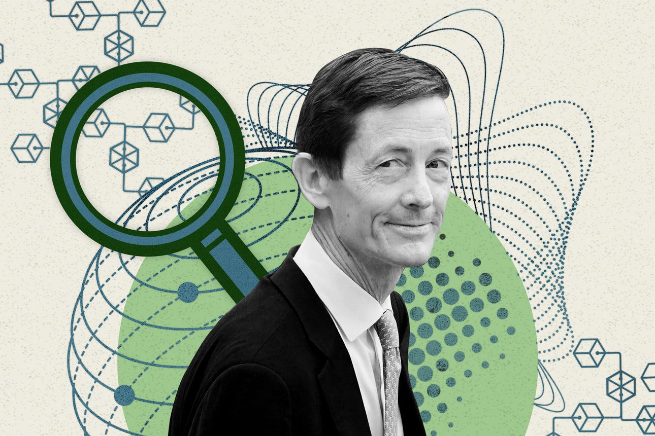 Photo collage of Bruce Reed surrounded by abstract technology icons and a magnifying glass inspecting them.  