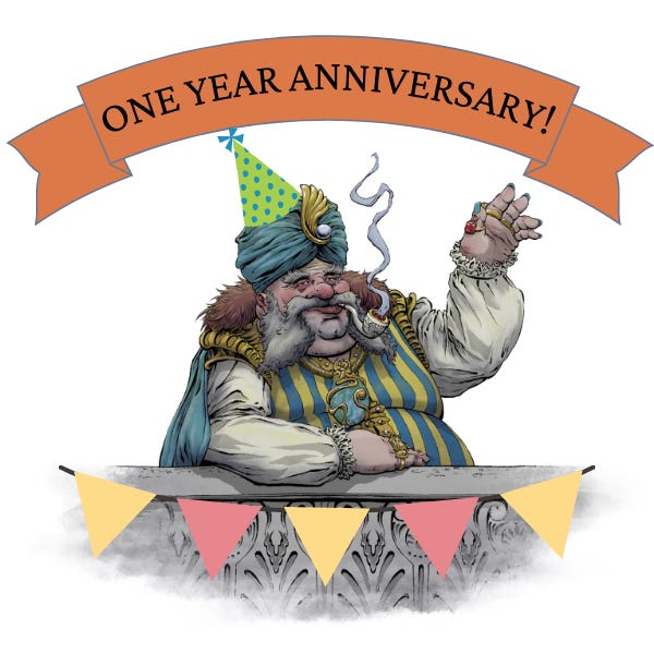 A large and jovial man smokes a pipe with one hand raised in greeting. He wears a party hat. A banner with the words "One Year Anniversary" arcs above him, and flags hang from the railing in front of him.