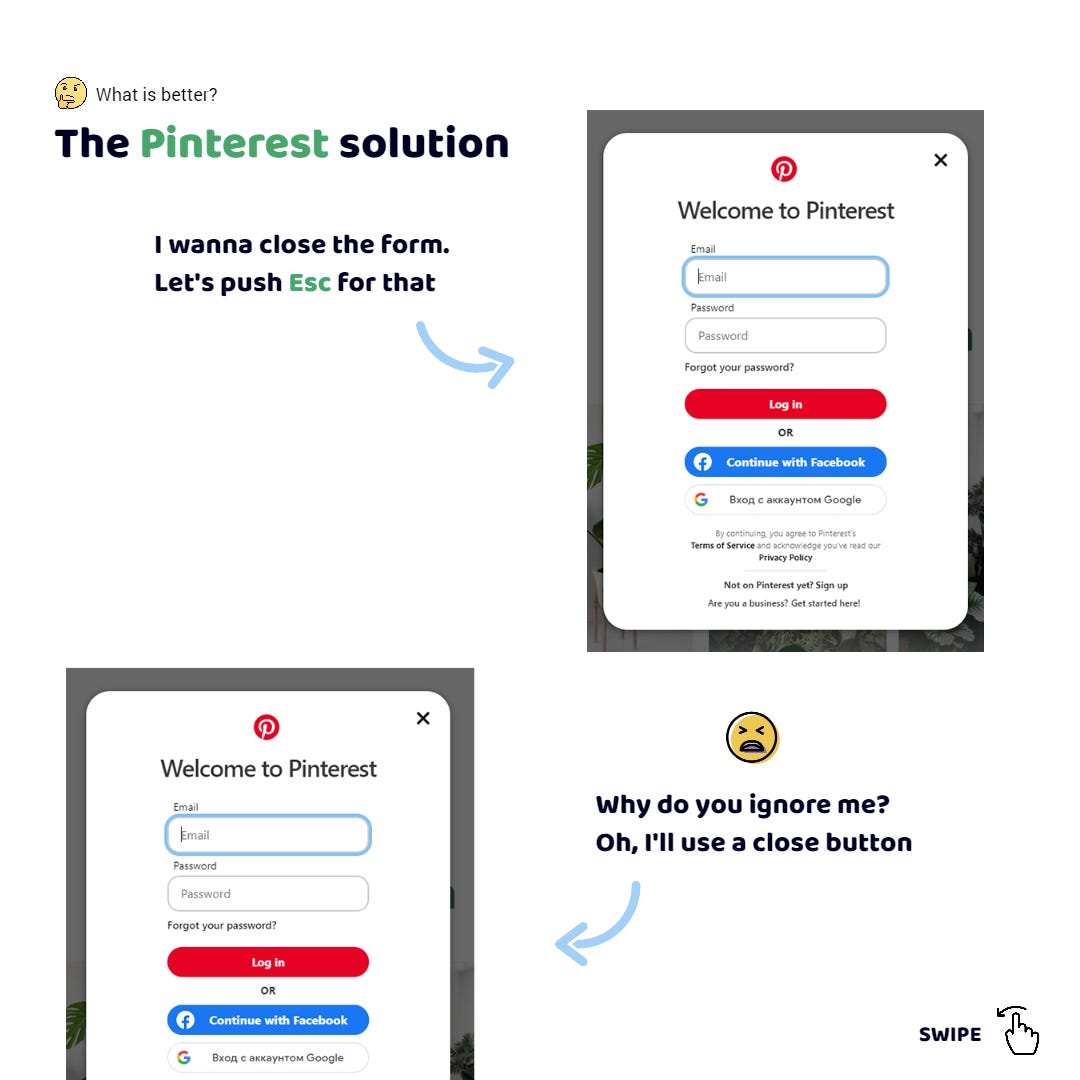 The Pinterest app. The login form is open in the modal window. I push Esc. Damn, the app ignores me