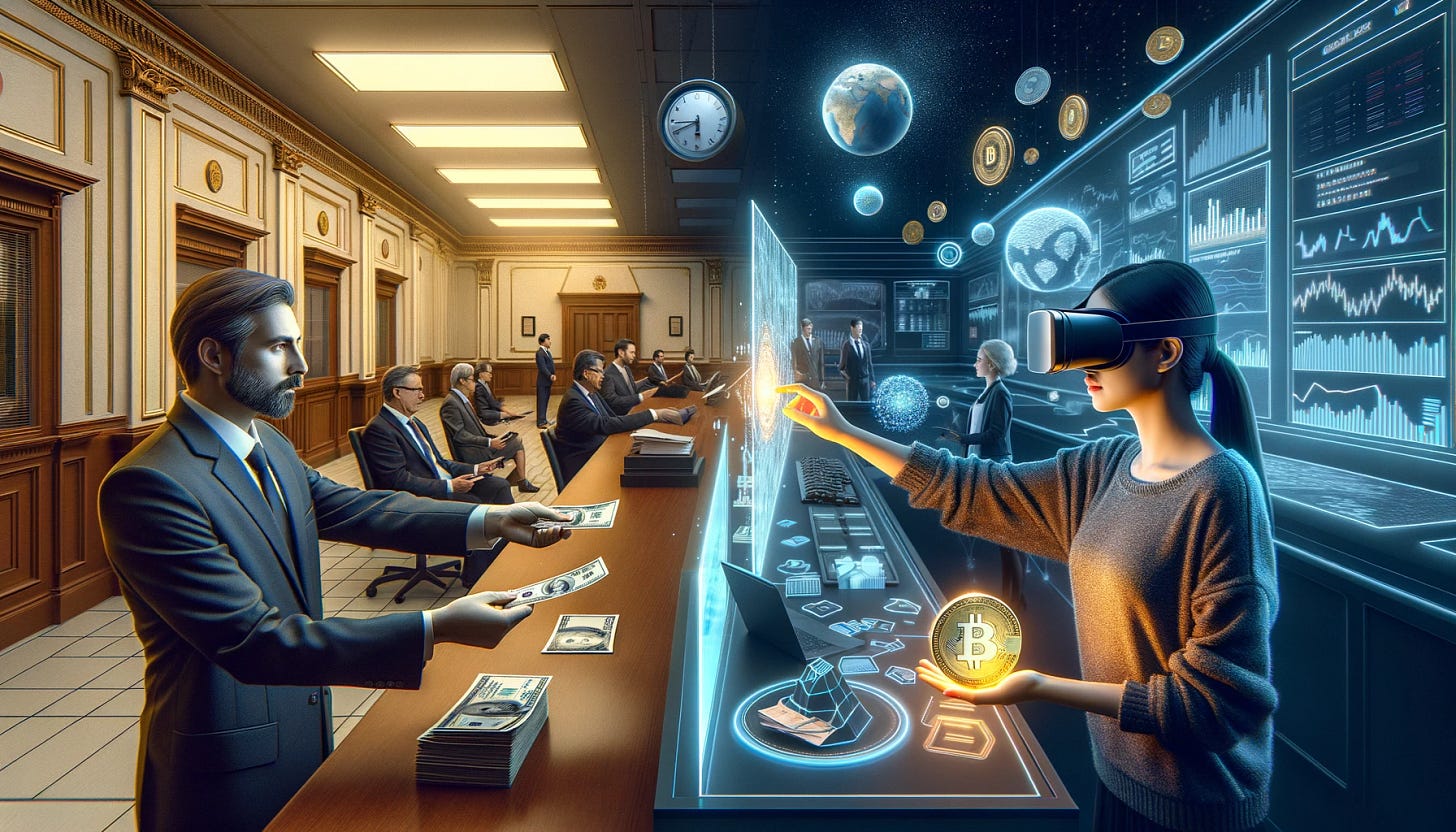 Photo-realistic depiction comparing two financial realms. On the left, in a well-lit bank, a South American male shareholder hands over paper shares to a bank manager, with classic bank interiors and customers in the backdrop. On the right, set in a dark, digital ambiance, a Middle Eastern female liquidity provider, wearing VR goggles, immerses herself in a virtual crypto space. She seamlessly adds digital assets to a glowing liquidity pool, surrounded by floating 3D charts and analytics. A gradient transition smoothly separates the two worlds. -008