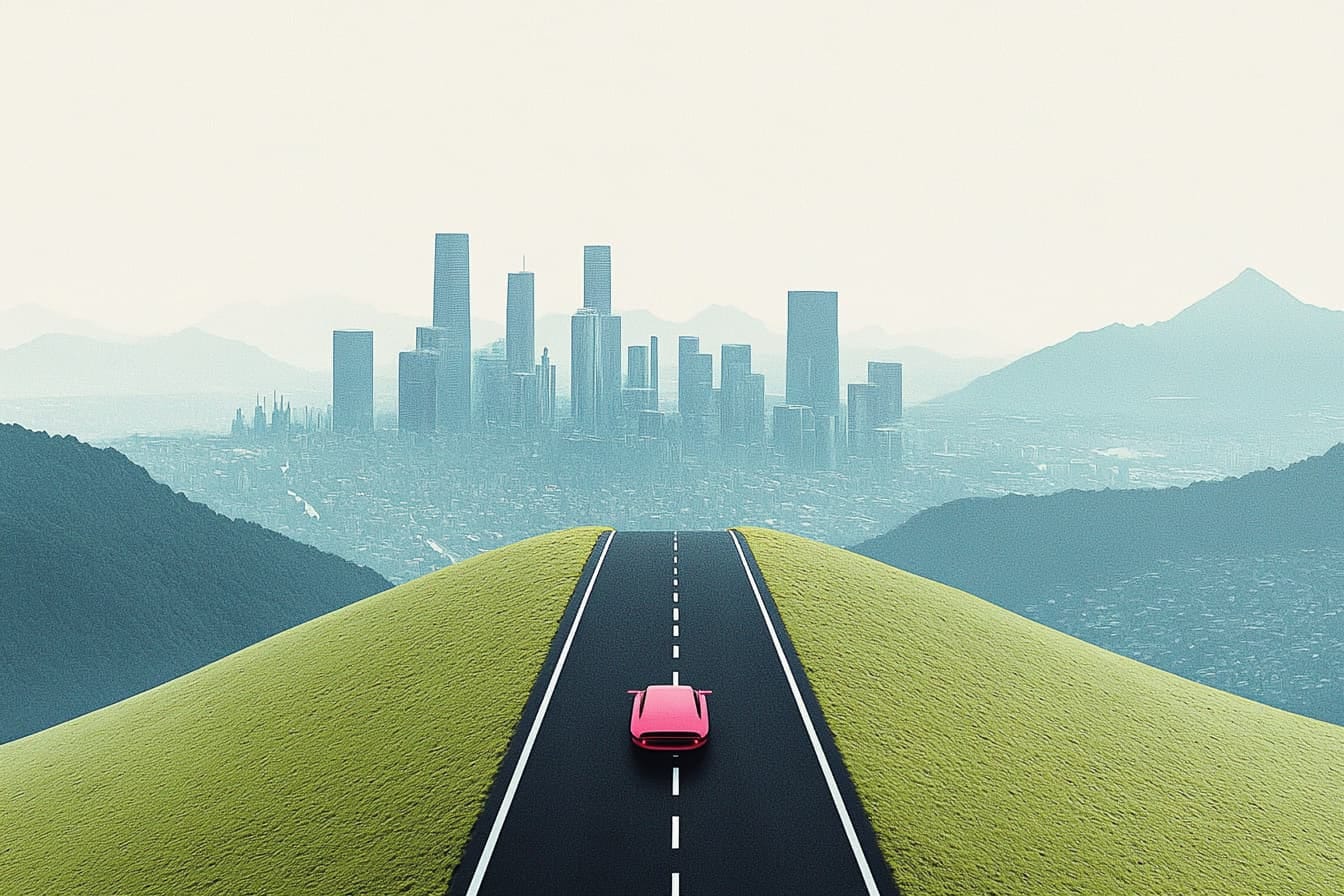 illustration of a futuristic car headed over a hill toward a city in the background
