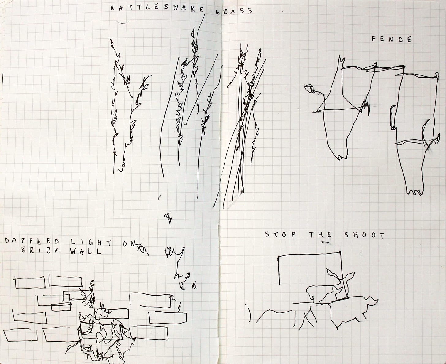 two-page spread from a sketchbook featuring sketches of grass, a brick wall, a poster and a fence