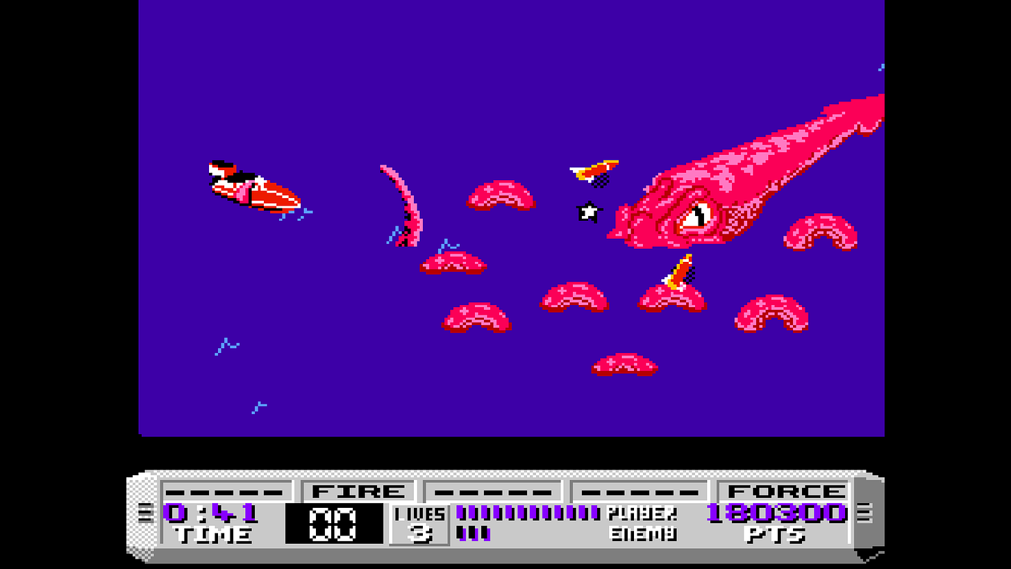 A screenshot from a late-game boss fight against a giant squid. The speedboat is about to be pulled underneath by a tentacle which has latched on, despite full health: these tentacles are instant death. Missiles are targeted on the squid and are near to hitting, but they won't be enough to defeat the squid in time.