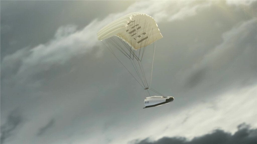 Space Rider returning to Earth under parafoil.