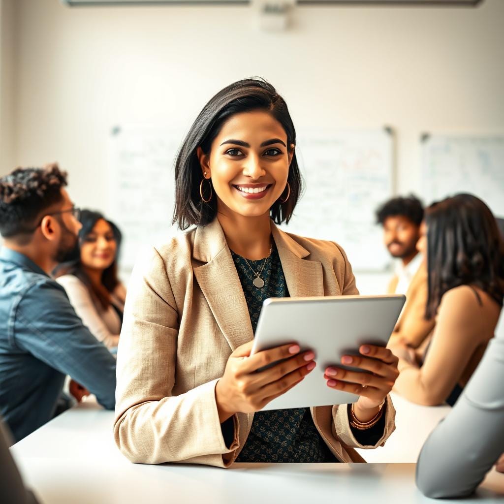 A woman wearing a beige blazer smiles broadly while holding a tablet in front of a group of diverse colleagues gathered around a table