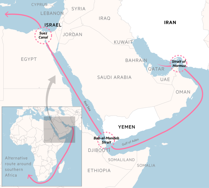 Map showing the Bab-el-Mandeb strait and the alternative route around southern Africa