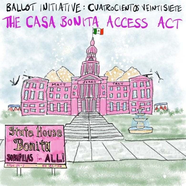 a cartoon drawing of the Colorado statehouse painted Casa Bonita pink