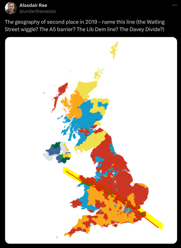 a map of the second place party in the 2019 UK election, courtesy of Alasdair Rae: Labour are in second place in more seats north of the Thames/Mersey line, the LibDems in second place in more seats south of it