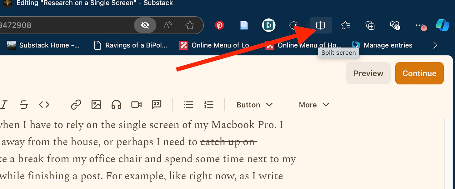 Showing the icon to select in the MS Edge Browser to open a splitscreen