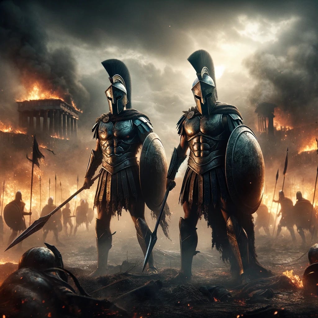 A breathtaking scene unfolds as two Spartan warriors stand defiantly in the center of a battlefield engulfed in flames and smoke. The landscape around them is apocalyptic, with fires raging and the remnants of structures smoldering in the background. Despite the chaos, these Spartans remain unbroken, their armor shining with the intensity of their spirit. Their helmets, adorned with imposing plumes, cast shadowed gazes over the enemy. In their hands are their legendary spears and shields, symbols of their unmatched skill and courage. The air is thick with the scent of battle, and the ground beneath them is littered with the evidence of their ferocity. This scene captures the essence of Spartan resolve, standing against impossible odds with a fierceness that writes their names into eternity.