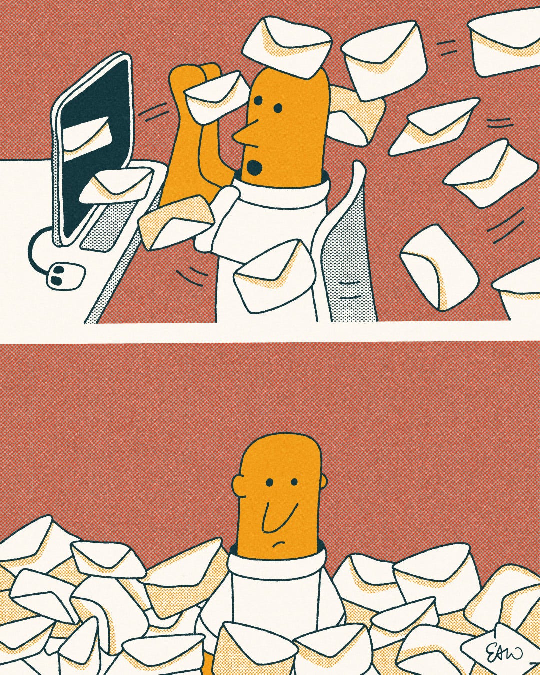 The remaining third and fourth panels of a comic drawn in a retro style. Multiple envelopes suggestive of email messages continue to fly out of the computer screen and hit the character sitting at their desk. The last panel has the character surrounded by a chest-deep pile of email.