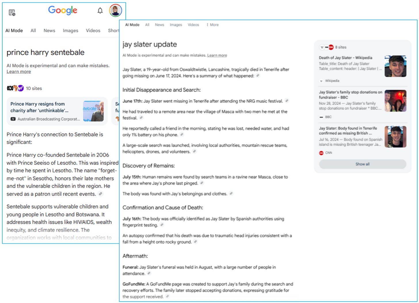 AI Mode results for news-focused queries. Images courtesy of Carly Steven. AI Mode results for news-focused queries. Images courtesy of Carly Steven.