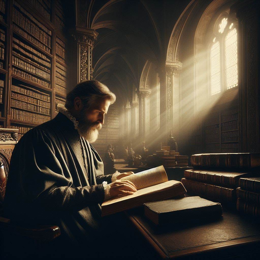 A renaissance scholar reading a book in a dimly lit library illuminated by a ray of light from a window.