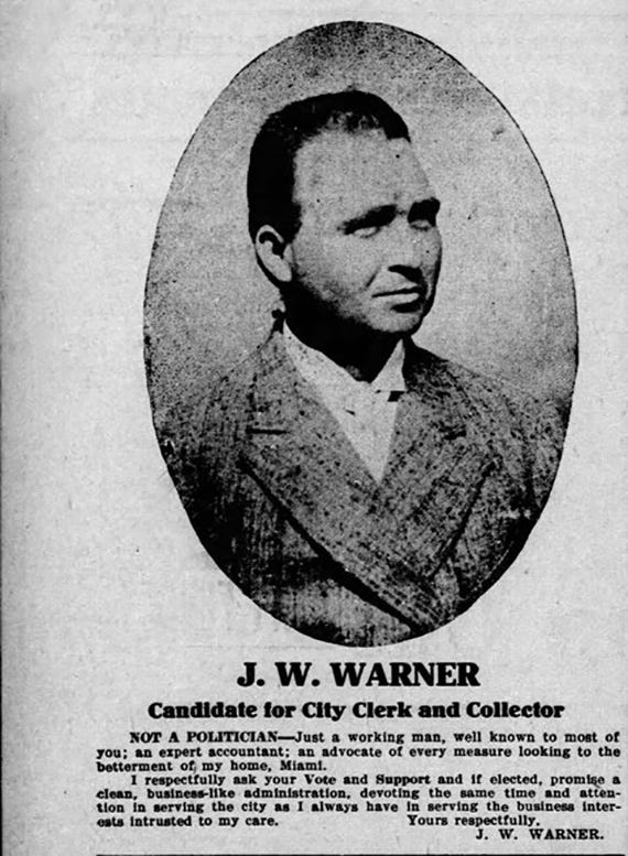 Figure 1: Ad for J.W. Warner for City Clerk in 1911 in the Miami News