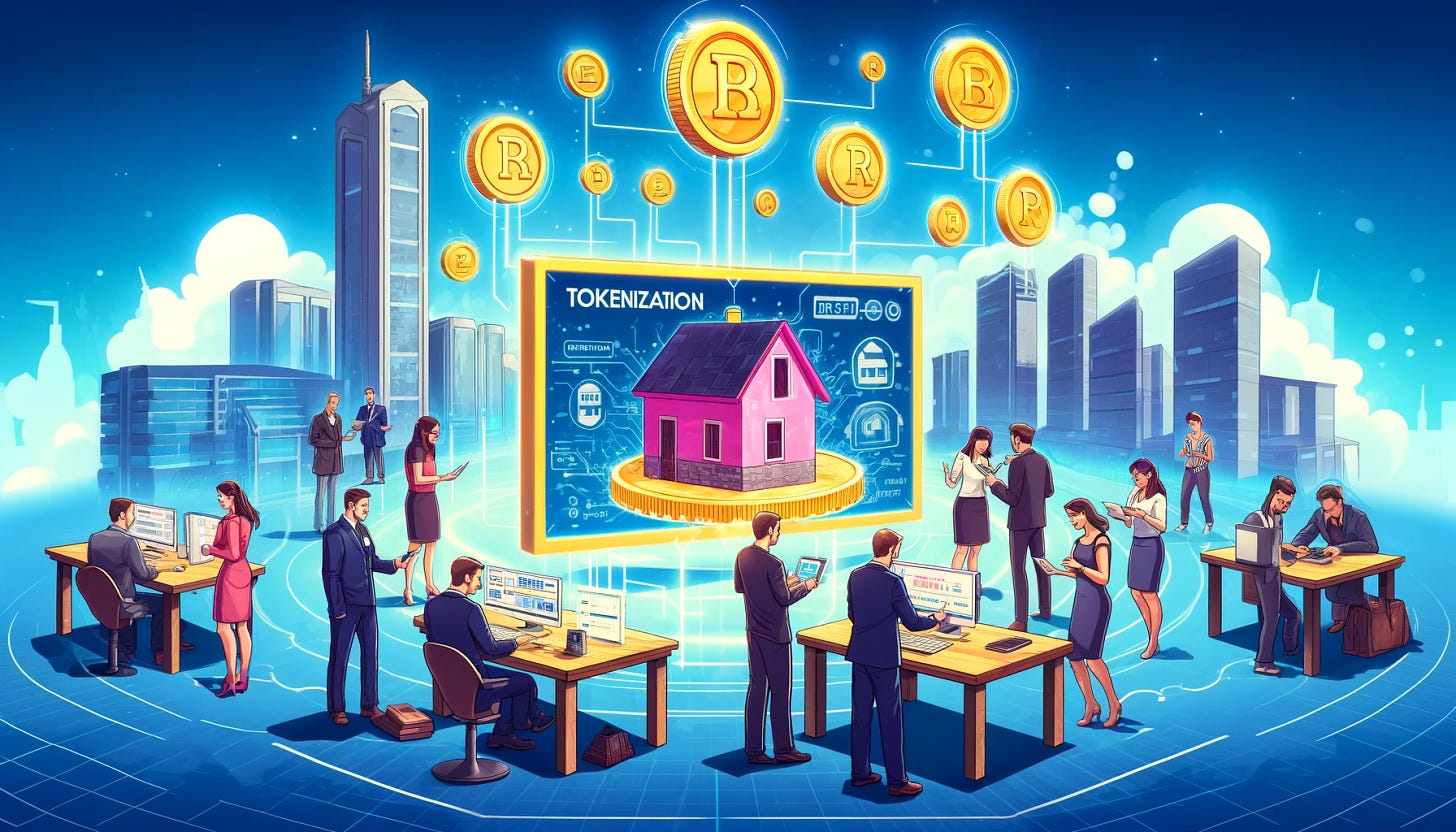 A colorful cartoon illustration in a 16:9 format, depicting an exciting scene of tokenization in the real estate sector. The setting is 'Tech Park Ljubljana' in Slovakia, represented as a futuristic tech park with modern buildings. The illustration shows real estate professionals and tech experts busy around a large digital display that illustrates properties being converted into tradable ERC-20 tokens. People are using tablets and computers, interacting with a visual representation of blockchain technology. The style is vibrant and playful, emphasizing the innovative solution to real estate liquidity.