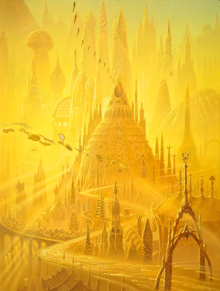 A shimmering cascade winds through a city of radiant domes and spires all rendered in gold. Eventually the concentrated stream dissipates as it exits lower right through an ornate gate of intersecting arches. Descending from high, an animated string of human figures, varying in sequential poses, vanishes down into a large jeweled window atop the largest dome. Across the dome's facade a nonsensical string of symbols floats (a dove, padlock, ammonite, hourglass, rowboat, starfish, etc).