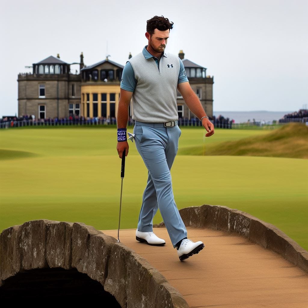 Rory walking across the Swilcan bridge on the 18th hole at The Open at St. Andrews, wearing his WHOOP strap on his wrist. He’s in a tie for the win. It’s down to just one putt, sink it and he wins, misses and loses.