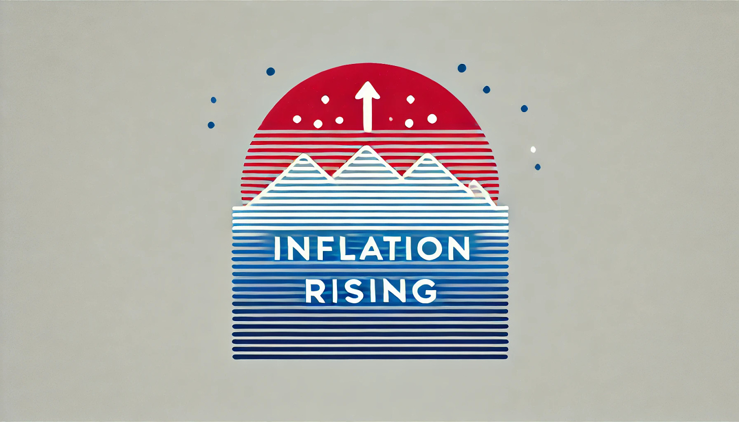 Create a simple, minimalist landscape graphic for the title 'INFLATION RISING' in red, white, and blue. Use bold, clean typography to emphasize the title, with subtle visual cues like a rising line or upward arrow to suggest inflation increase. Keep the design uncluttered, with a professional yet impactful feel, suitable for a headline or economic announcement.