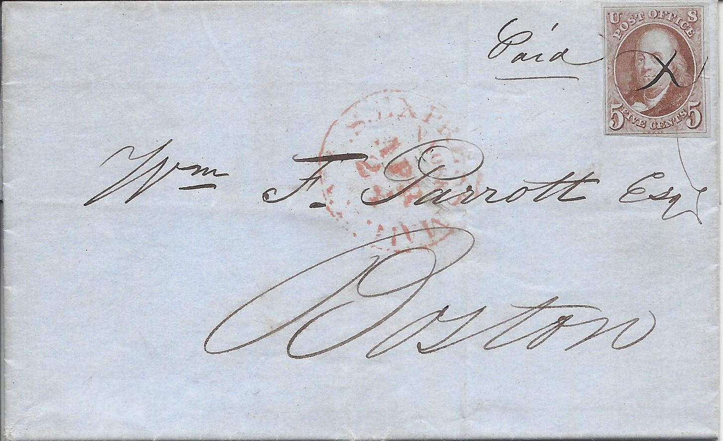 1850 folded letter with 5 cent stamp