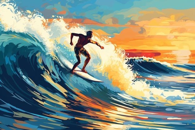 A surfer riding a wave at sunset. | Premium AI-generated image