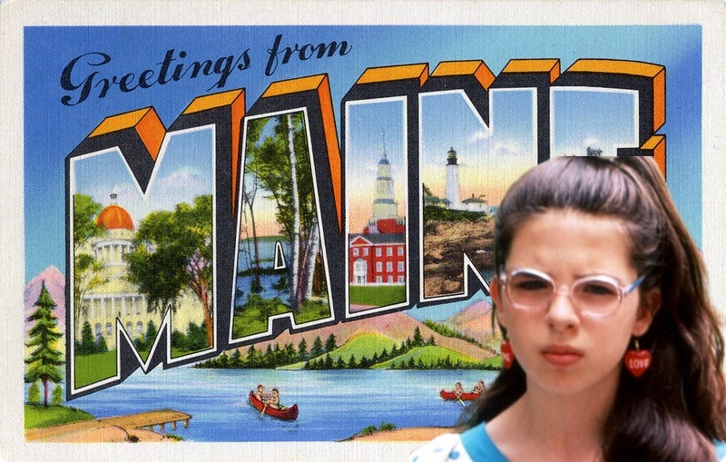 A picture of Heather Matarazzo, as Dawn Wiener in 'Welcome to the Dollhouse,' superimposed on a vintage 'Welcome to Maine' postcard