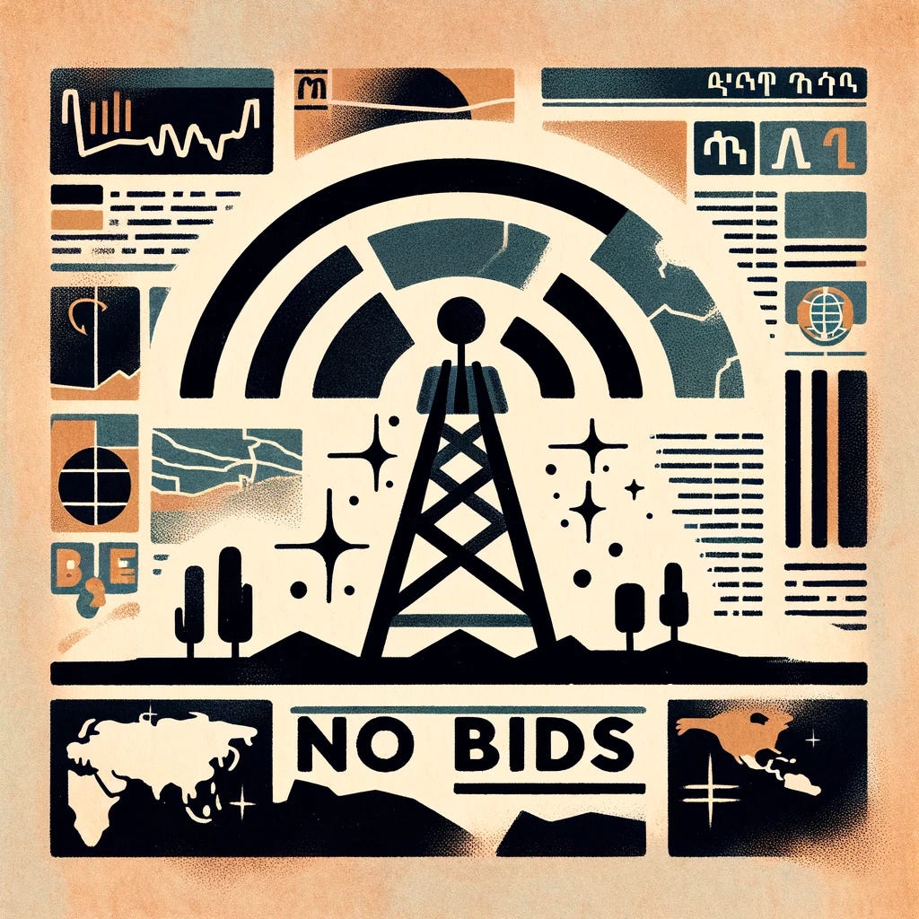 Illustration in a simplified and classic news graphic style, depicting Ethiopia's unsuccessful attempt to sell a third wireless license. The image should feature a symbolic representation of the wireless license, like a mobile tower or a wireless signal icon, with a 'no bids' or 'unsuccessful' sign. The background can include subtle elements that hint at the ongoing conflict and investor concerns, like a faded map of Ethiopia or abstract symbols of uncertainty. The overall image should convey the theme of economic challenges amidst political instability, consistent with traditional newspaper and magazine graphics.