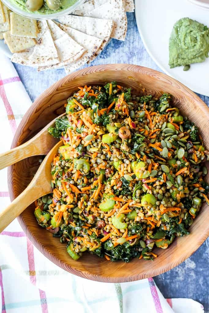 an overhead shot of a big wooden salad bowl containing Moroccan carrot lentil salad on a blue backdrop an overhead shot of a big wooden salad bowl containing Moroccan carrot lentil salad on a blue backdrop