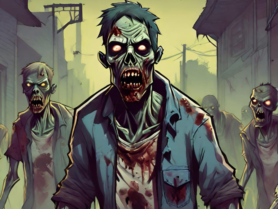 Zombies shuffling down a grimy street.