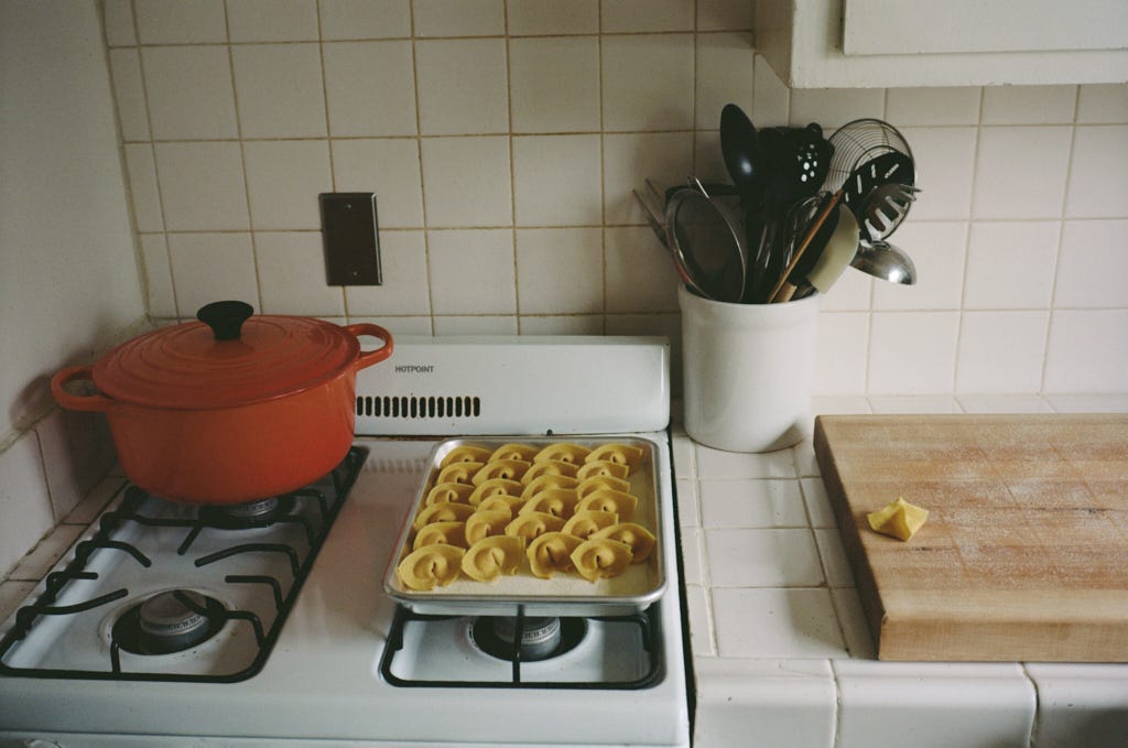 The finished squash pasta on a tray in Victoria's kitchen