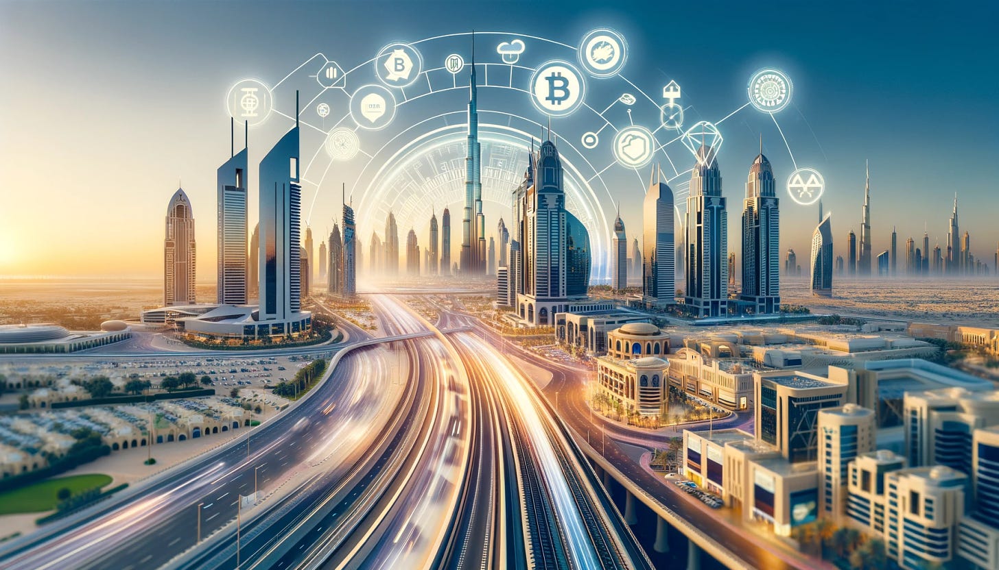 Redo the image to illustrate Dubai's VARA initiative, focusing on the daytime landscape of Dubai. Include recognizable Dubai landmarks in the background to emphasize the city's ambition to become a leading crypto and Web3 hub. Add elements of digital finance, such as symbols of cryptocurrencies, DeFi, GameFi, and crypto derivatives, integrated into the cityscape. The digital 'railroad tracks' should still be present, symbolizing Dubai's role in shaping the future of finance, but make them blend more seamlessly with the city's architecture and infrastructure. The overall appearance should be less futuristic and more grounded in the present-day reality of Dubai, highlighting the city's current developments in the virtual asset and financial technology sectors.