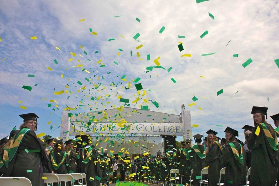 Le Moyne College (Syracuse, NY) celebrate their graduation in this undated photo. Photo courtesy Le Moyne College. Le Moyne College (Syracuse, NY) celebrate their graduation in this undated photo. Photo courtesy Le Moyne College.