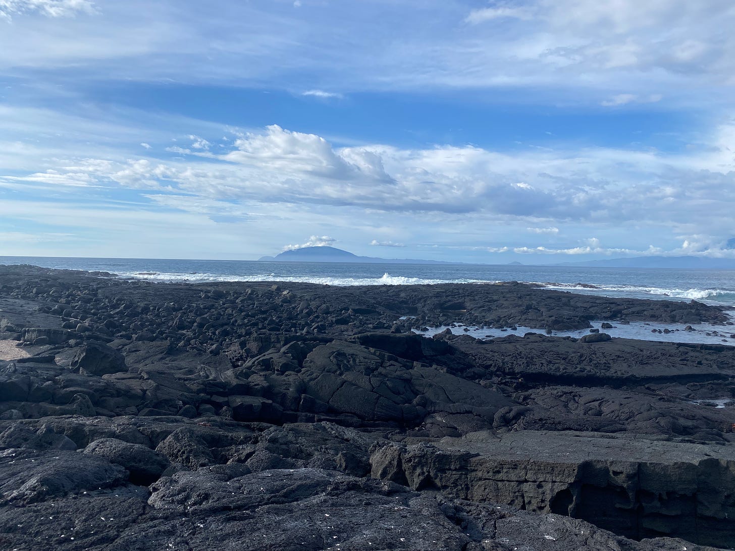 View of a landscape of black lava rocks stretching toward the ocean. A volcano on a distant island is visible in the distance.