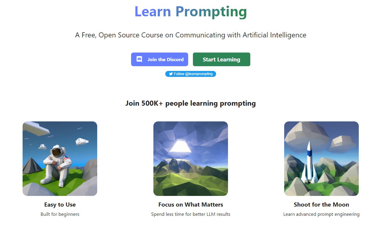 The home page of LearnPrompting.org site that teaches how to communicate with AI