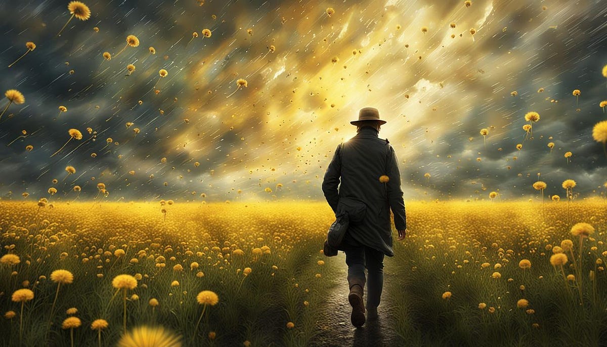 Man walkin through meadow on windy morning