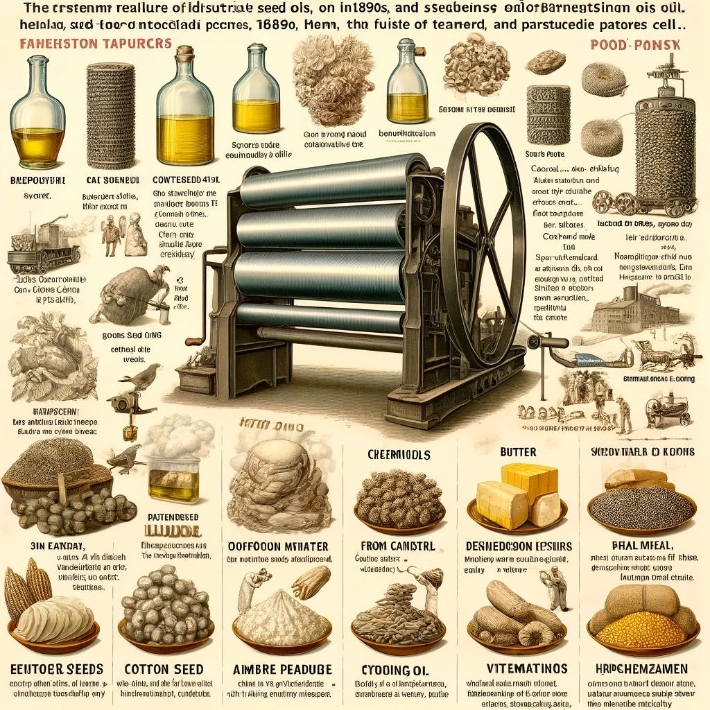 A detailed and informative image illustrating the history and impact of industrial seed oils on health. The image should feature a stainless-steel roller press from the 1890s, with a progression from primitive stone presses to modern industrial seed oil extraction. Include visuals of cottonseeds, corn kernels, and soybeans being processed into dark, smelly oil. Show the transformation process involving high-temperature processing, chemicals, deodorizing, bleaching, and hydrogenation. Depict the use of seed oils in candles and later as food products. Highlight the health consequences with imagery of heart disease, cancer, respiratory issues, and damaged cells. Contrast with healthy sources like butter, lard, organ meats, and eggs from pastured animals, emphasizing vitamins A, D, and K2. Use clear labels and concise explanations to make the information accessible and engaging.