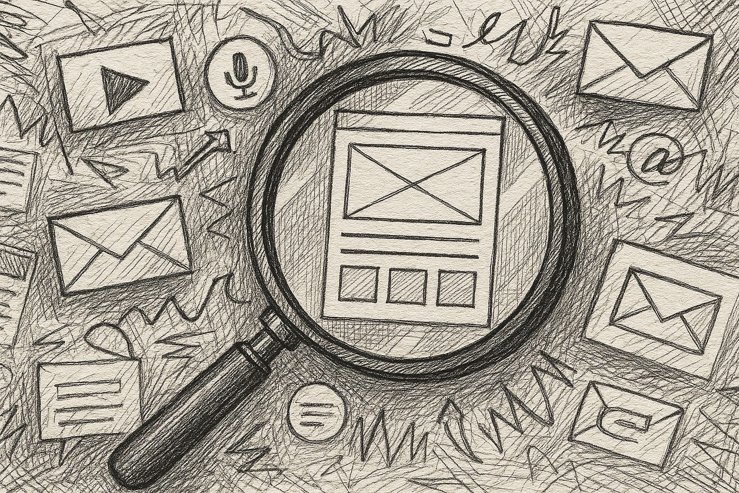 Hand-drawn black and white illustration in landscape format. A magnifying glass reveals a clear, organized wireframe layout at the center, surrounded by chaotic sketches and icons for email, video calls, and audio. The background is filled with overlapping lines and symbols, representing digital clutter, while the magnifying glass focuses attention on clarity in the midst of distraction.